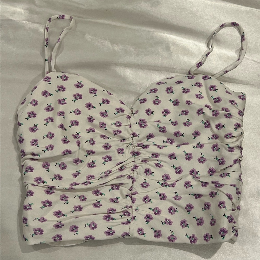 Zara Ruched Crop Top in a Purple Floral swimsuit fabric.